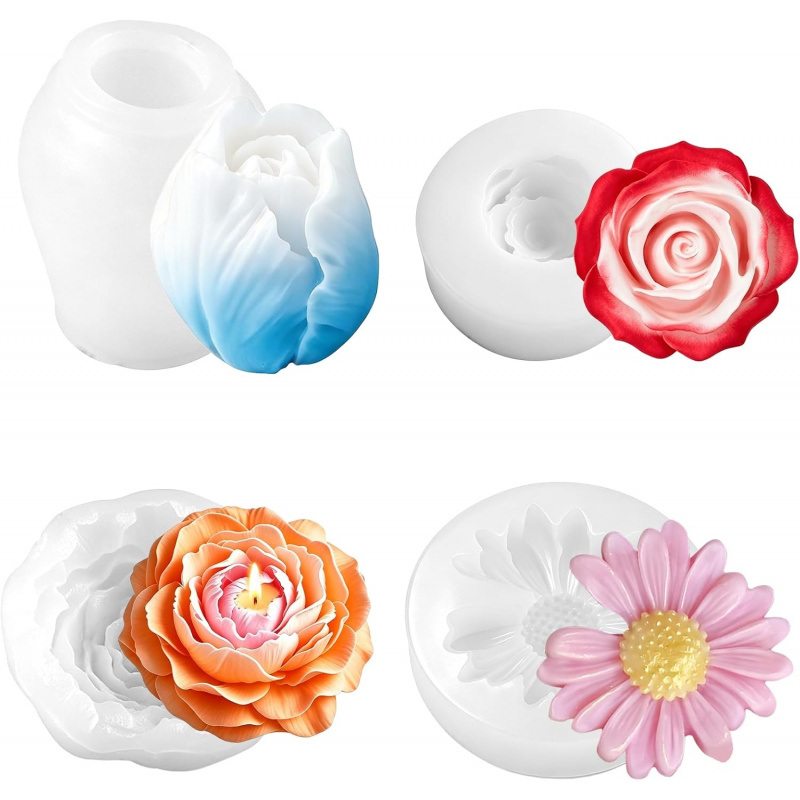 Soap Making Gel - Floral silicone candle mold4Set，Rose, Tulip, Peony,